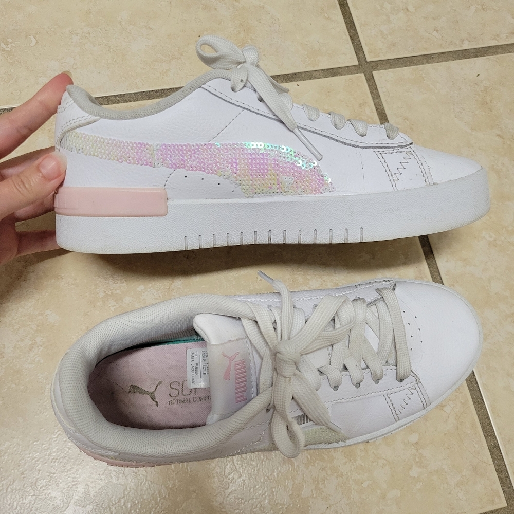 Puma White Canvas Sneakers with Pink and White Sequins